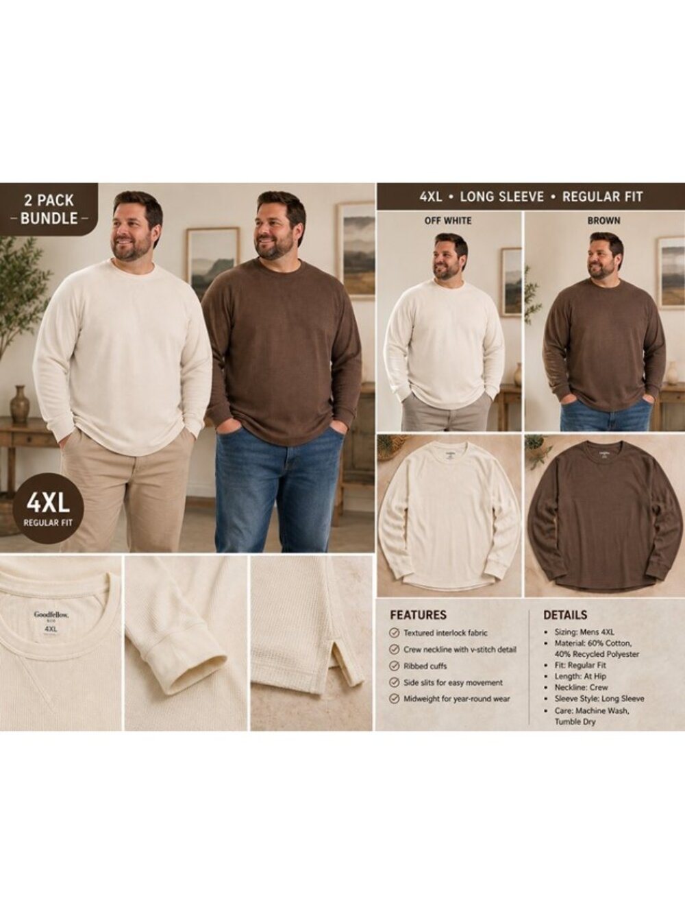Goodfellow & Co Men’s Vintage Textured Crewneck Shirts 4XL Brown Off White 2-Pac